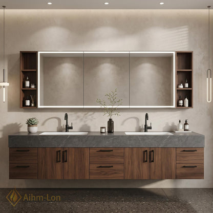 60''-96'' Double Bathroom Vanity with Sink Dark Walnut Finish Gray Stone Top