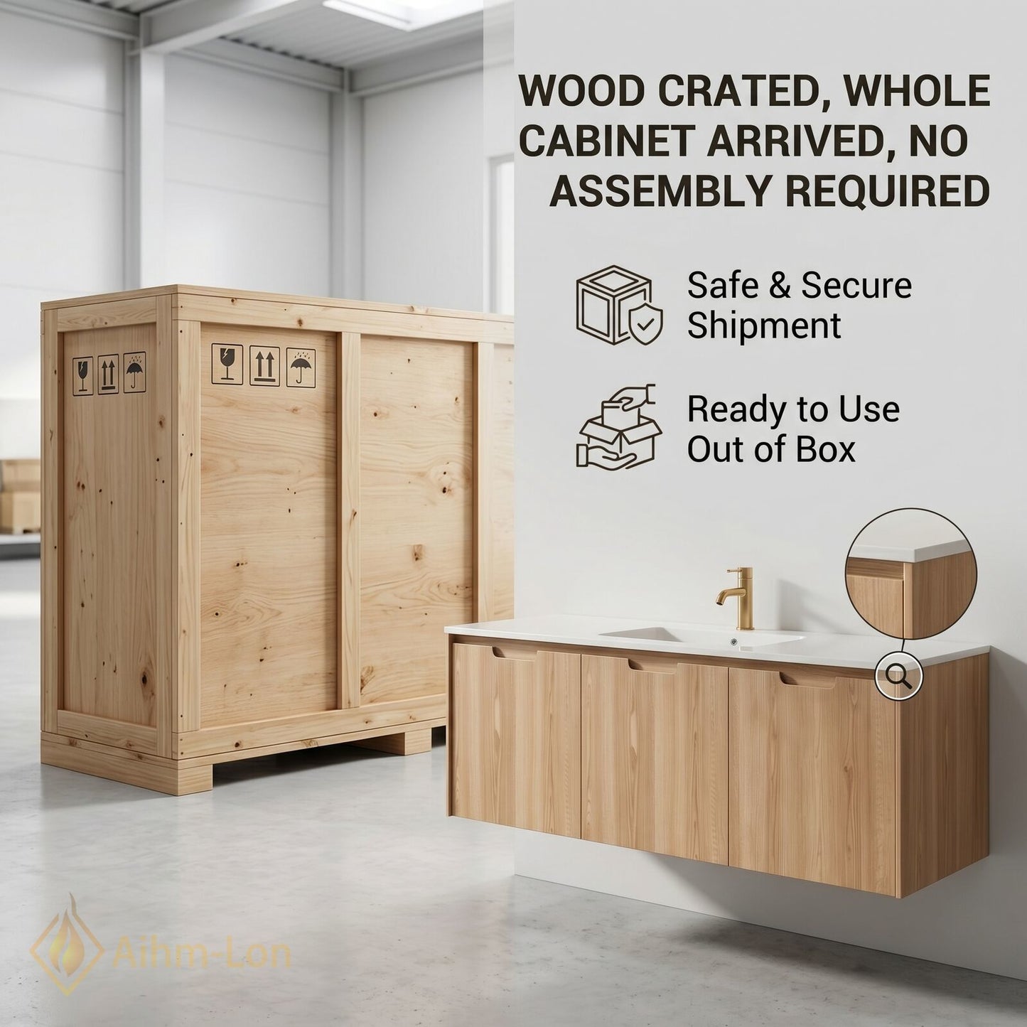 36''-64'' Single Bathroom Vanity with Sink Floating Light Oak Wood Grain Mirror Cabinet