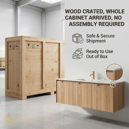 36''-64'' Single Bathroom Vanity with Sink Floating Light Oak Wood Grain Mirror Cabinet