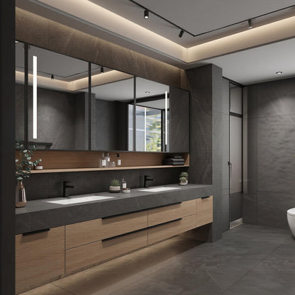 60''-96'' Modern Floating Bathroom Vanity with Sink Long Countertop Warm Oak Drawers