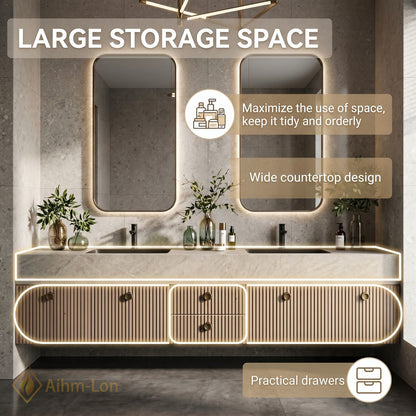 72''-96'' Double Bathroom Vanity with Sink Light Wood Slatted Panels Sleek Design