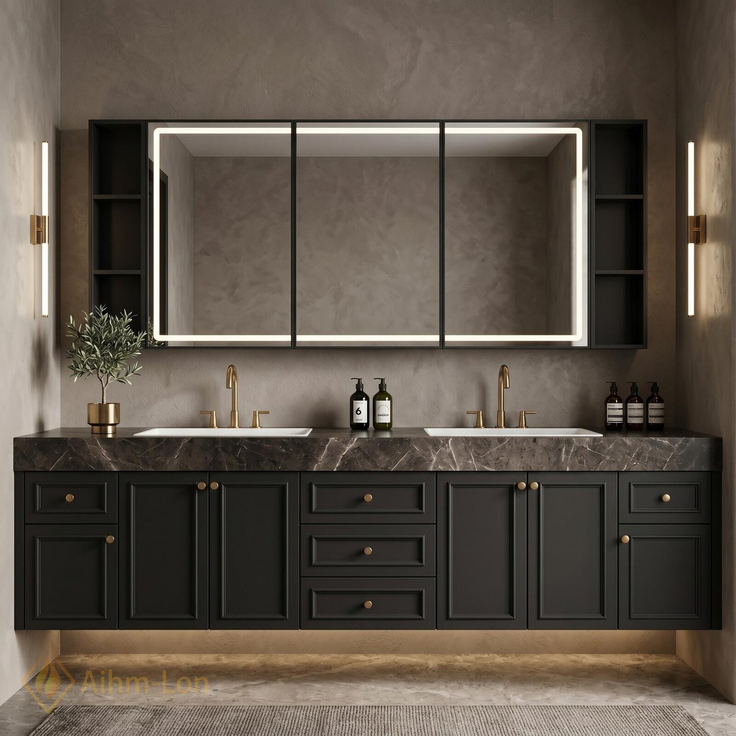 78''-96'' Double Bathroom Vanity with Sink Floating Dark Marble Top Brass Hardware