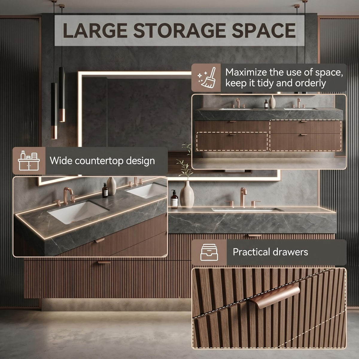 60''-96'' Double Bathroom Vanity with Sink Modern Floating Dark Wood Slatted Front Drawers