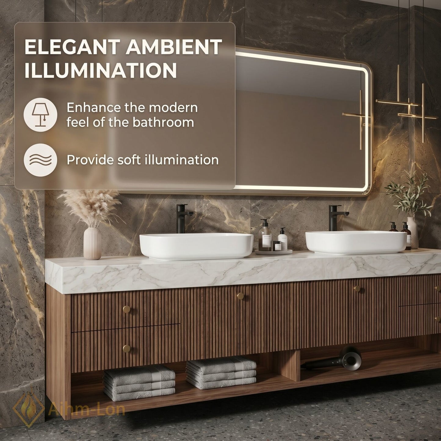 70''-96'' Double Bathroom Vanity with Sink Modern Slatted Wooden Panels Marble Vein