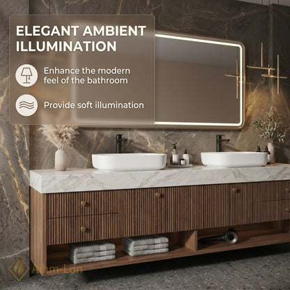 70''-96'' Double Bathroom Vanity with Sink Modern Slatted Wooden Panels Marble Vein