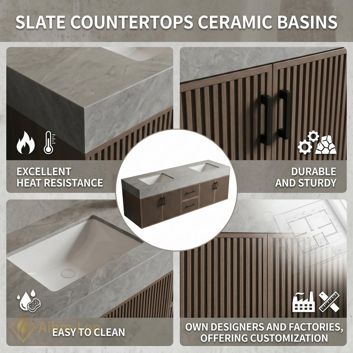 60''-96'' Bathroom Vanity with Sink Floating Vanity Stone Top Slatted Wood Central