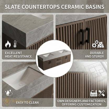 60''-96'' Bathroom Vanity with Sink Floating Vanity Stone Top Slatted Wood Central