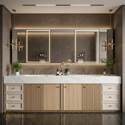 78''-96'' Double Bathroom Vanity with Sink Modern Floating Warm Oak Slatted Panel