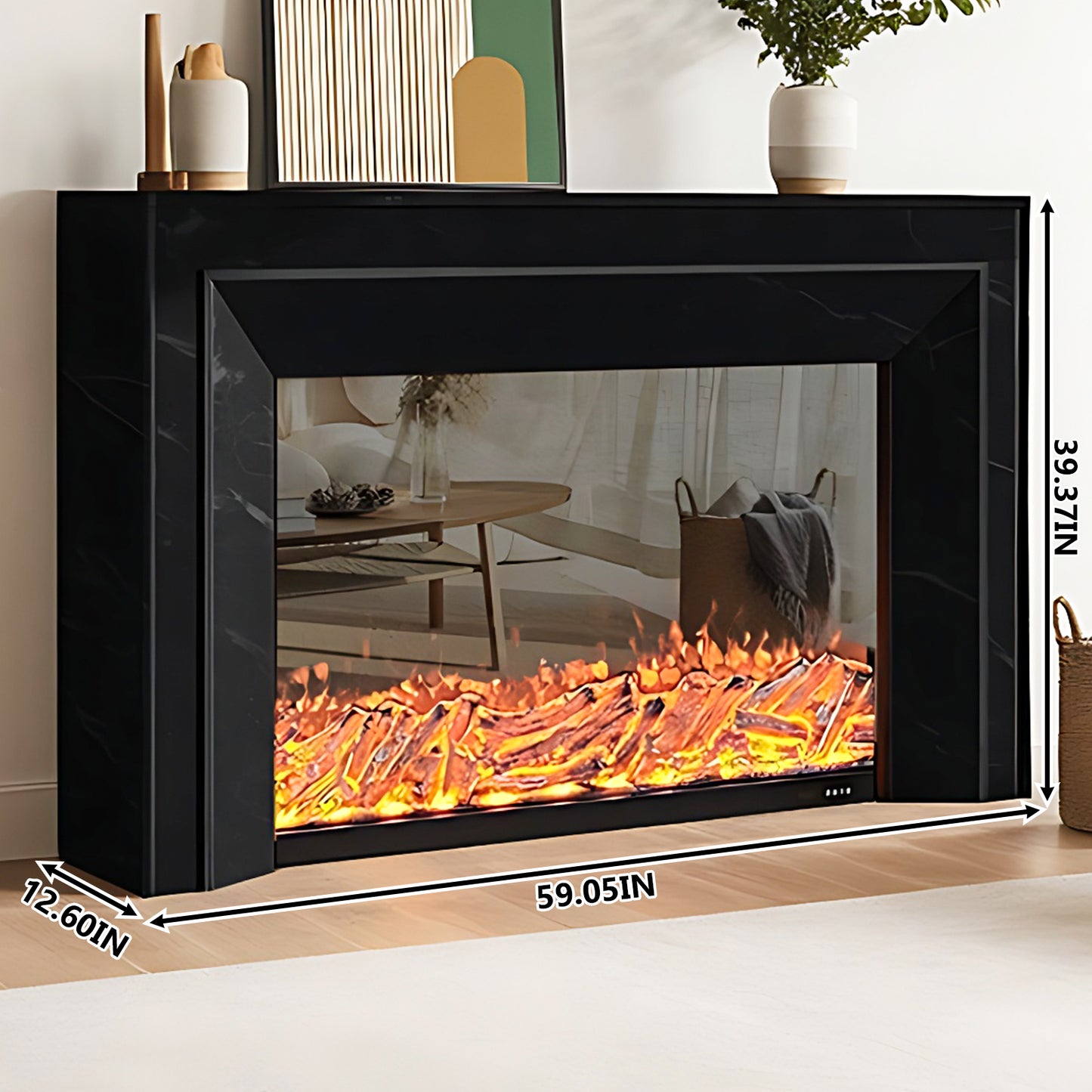 Aihm-Lon Black Electric Fireplace with Decorative Inserts 59.05"
