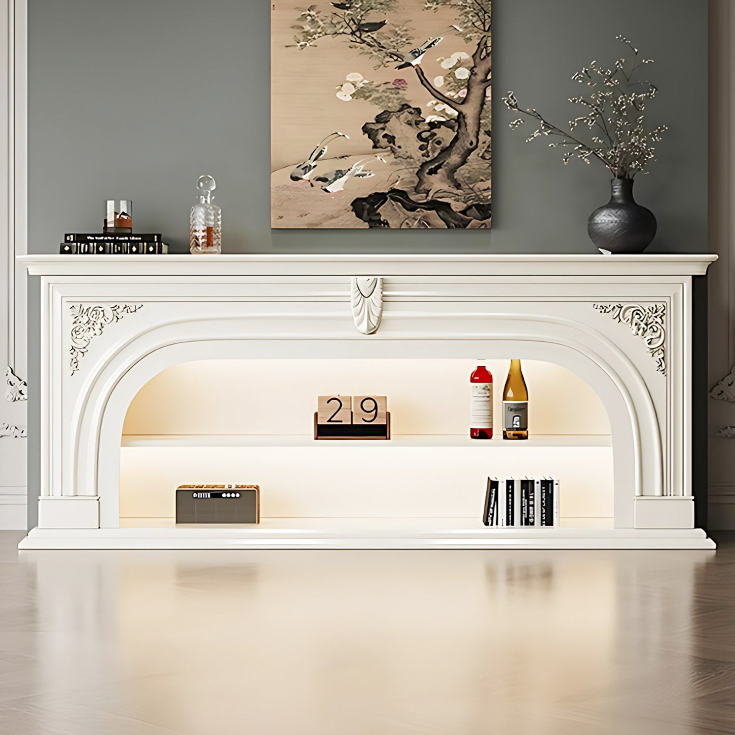 Aihm-Lon White Retro Indoor Electric Fireplace TV Stands 59.05"-82.67"