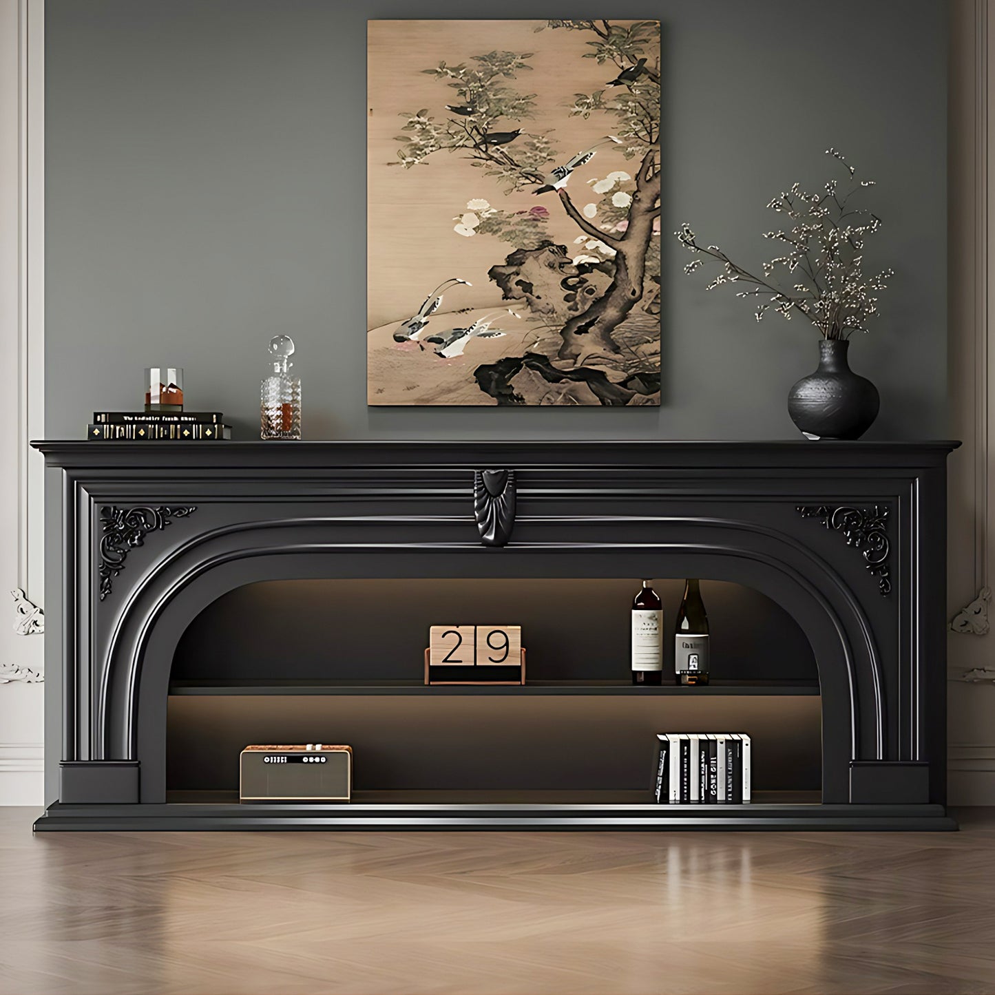 Aihm-Lon Black Retro Indoor Electric Fireplace TV Stands 59.05"-82.67"