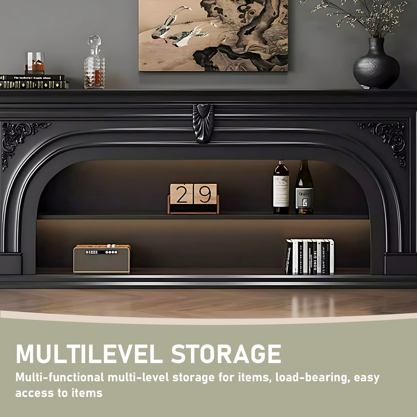 Aihm-Lon Black Retro Indoor Electric Fireplace TV Stands 59.05"-82.67"