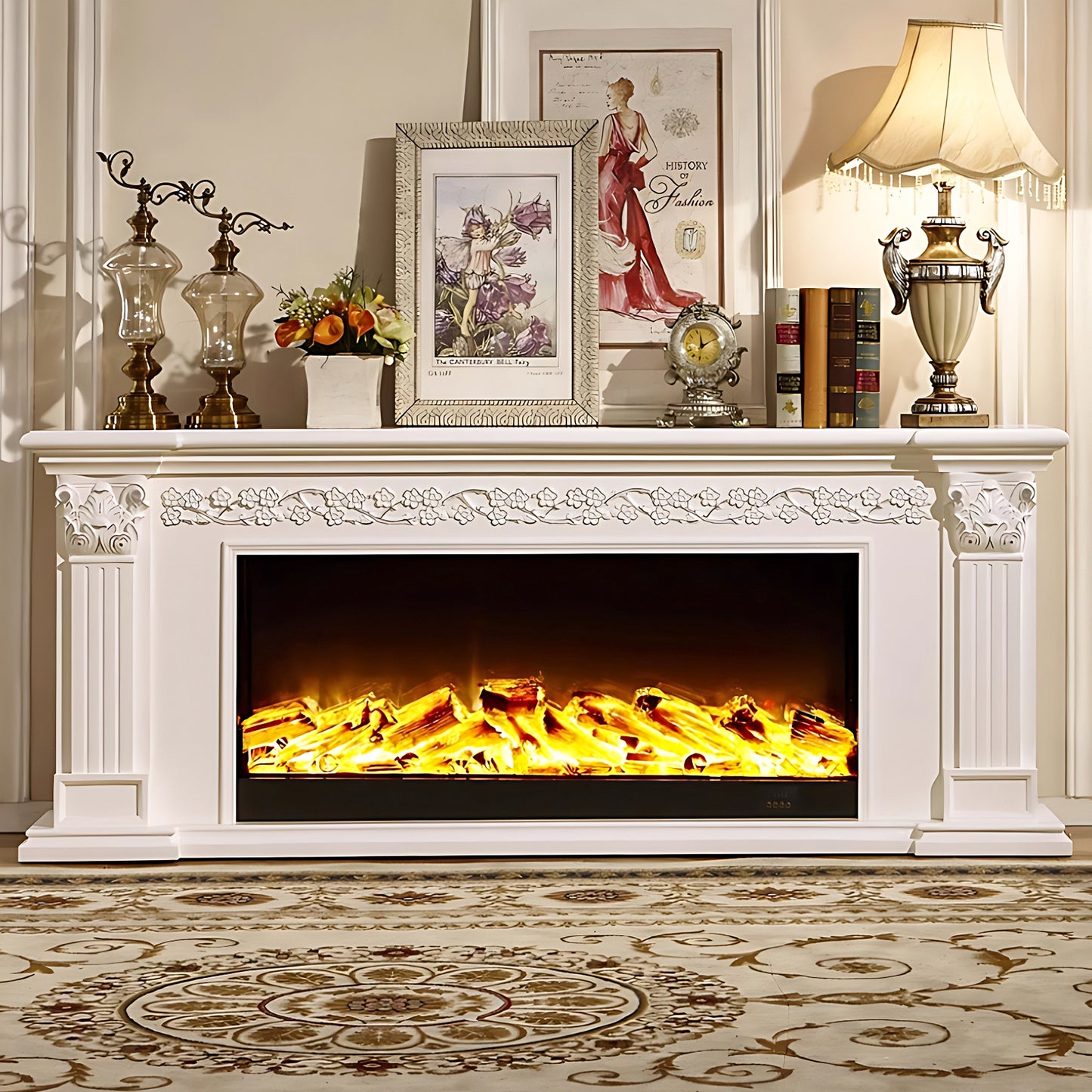 Aihm-Lon White Wooden Electric Fireplace with Realistic Flame 59.05"