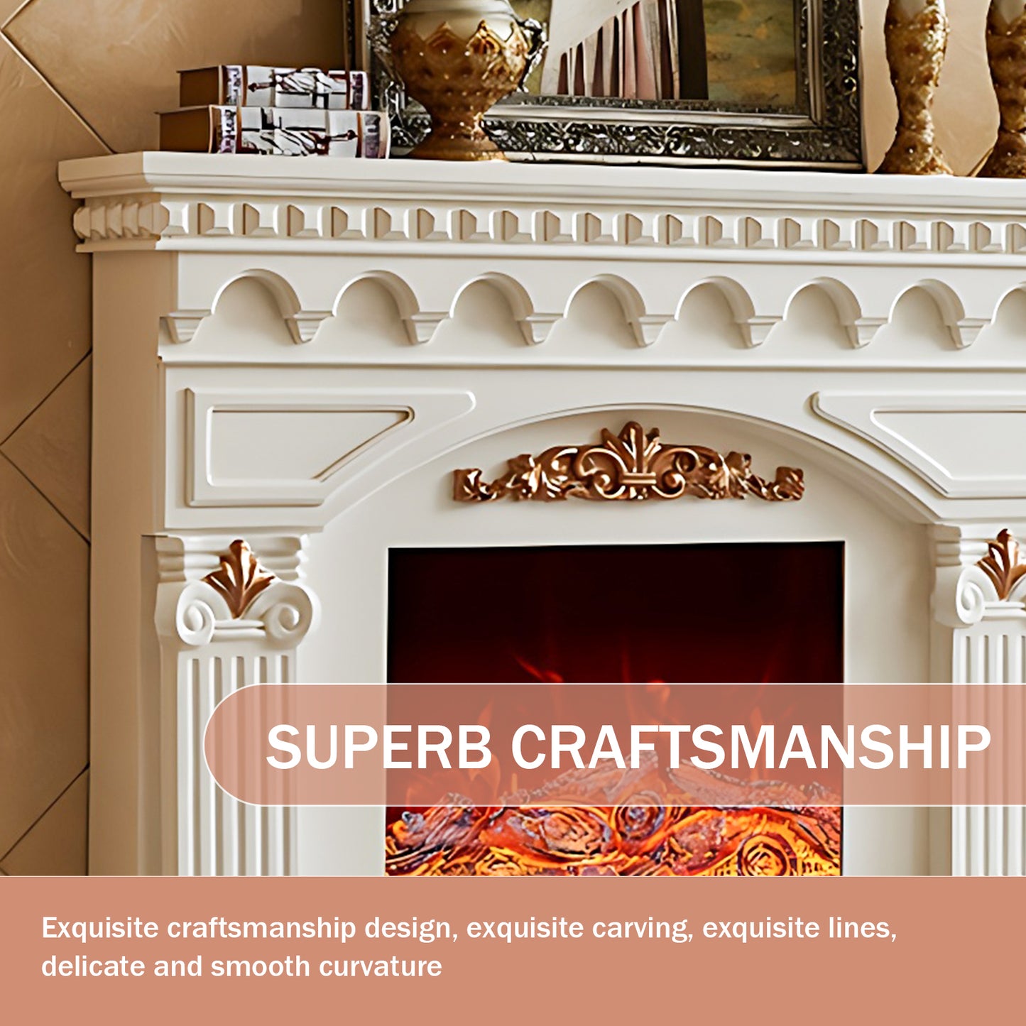 Aihm-Lon Modern Decorative Electric Fireplace Mantel with Gold Design 59.05"