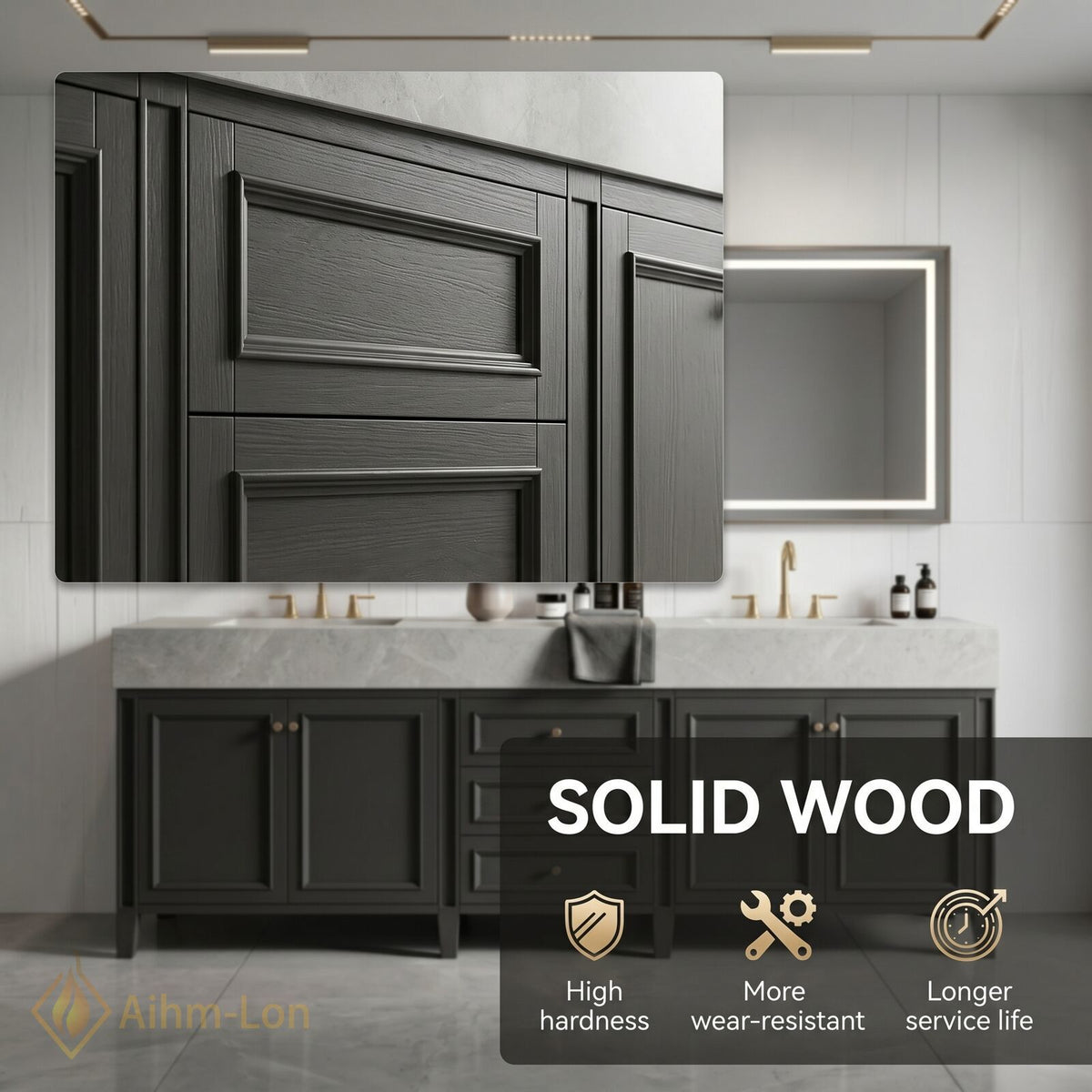 80''-96'' Double Bathroom Vanity with Sink Dark Charcoal Stone Patterned Centered Drawers
