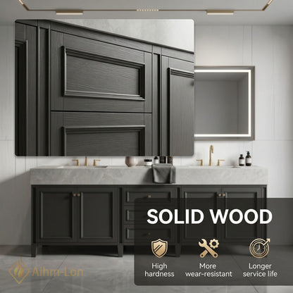 80''-96'' Double Bathroom Vanity with Sink Dark Charcoal Stone Patterned Centered Drawers
