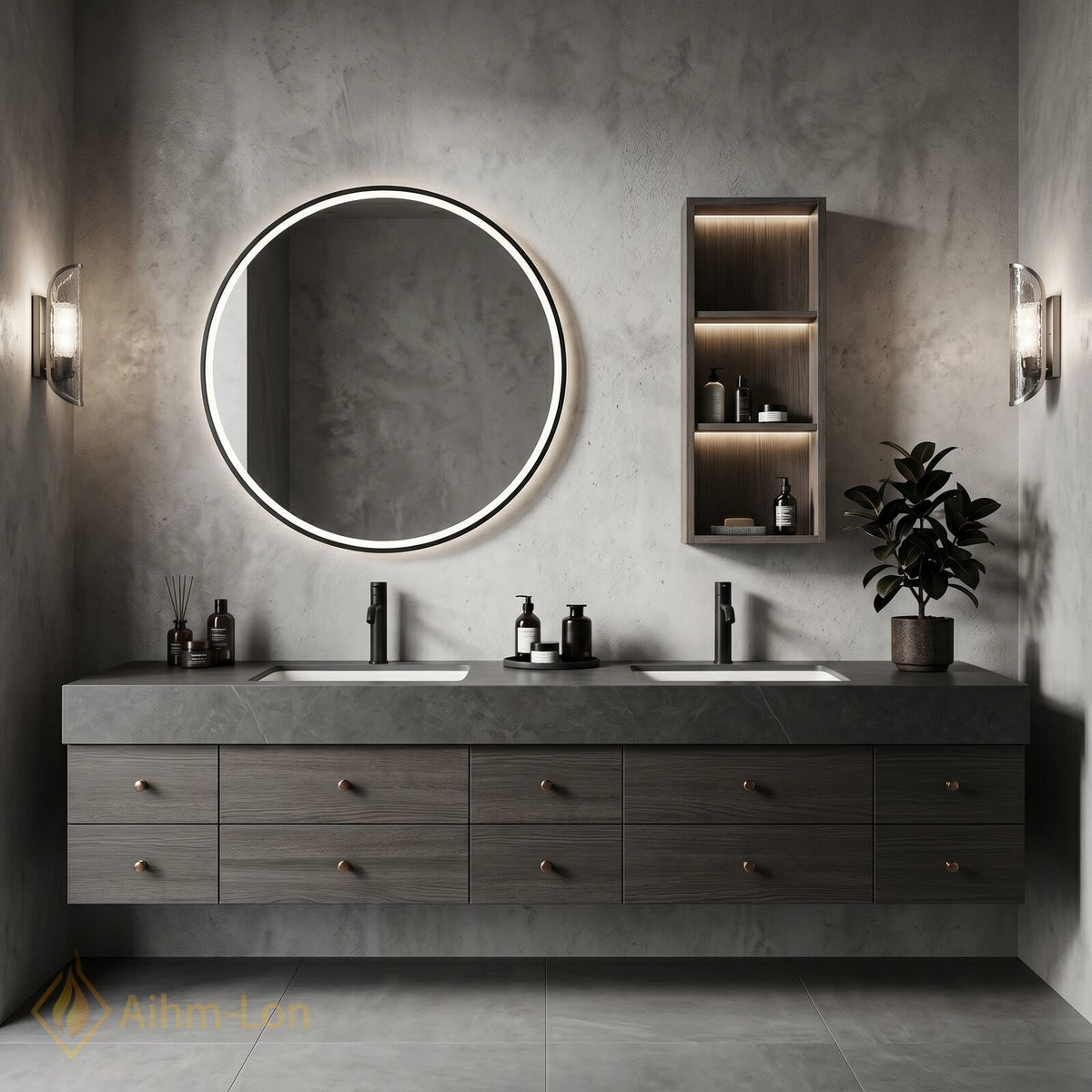 76''-96'' Double Bathroom Vanity with Sink Dark Grey Stone Wood Grain Panels
