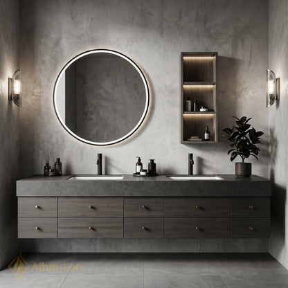 76''-96'' Double Bathroom Vanity with Sink Dark Grey Stone Wood Grain Panels