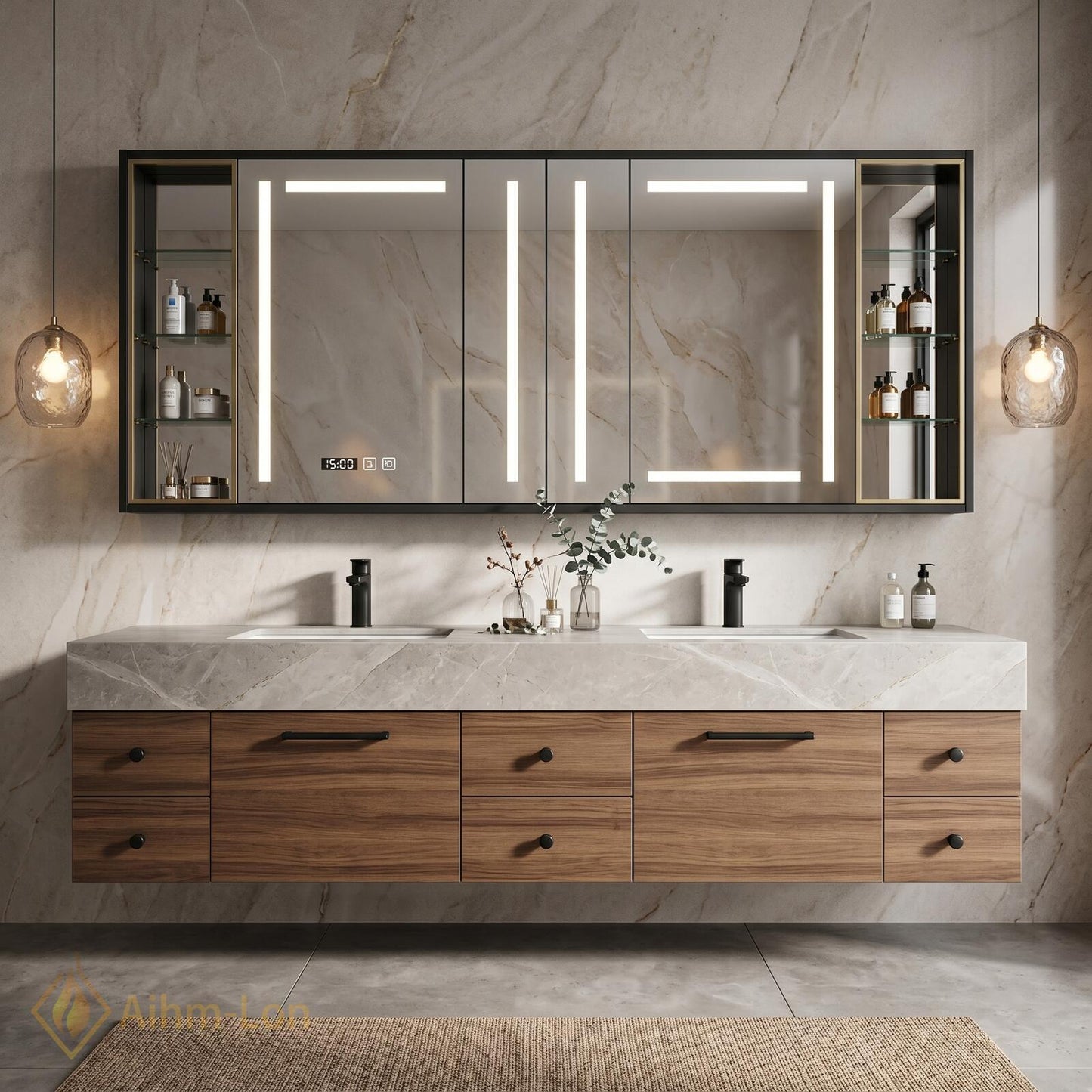 72''-96'' Double Bathroom Vanity with Sink Wood Modern Floating Grain Drawers Mirror