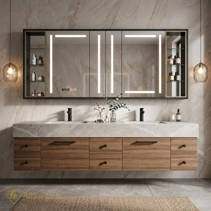 72''-96'' Double Bathroom Vanity with Sink Wood Modern Floating Grain Drawers Mirror