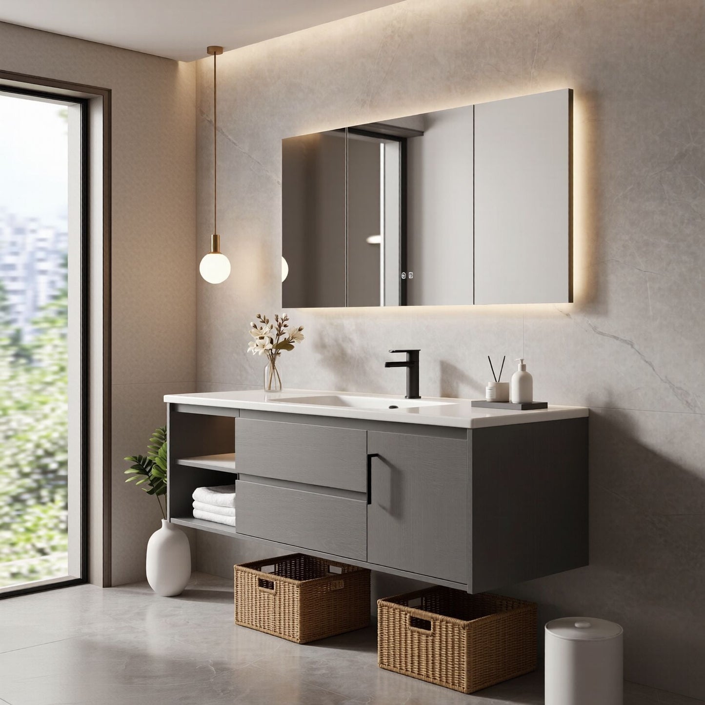 36''-64'' Modern Bathroom Vanity with Sink Single Sink Solid Wood Grain Floating Smart Mirror