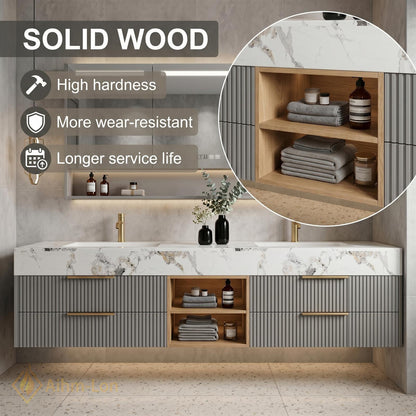 60''-96'' Double Bathroom Vanity with Sink Modern Floating Basin Fluted Drawers Open