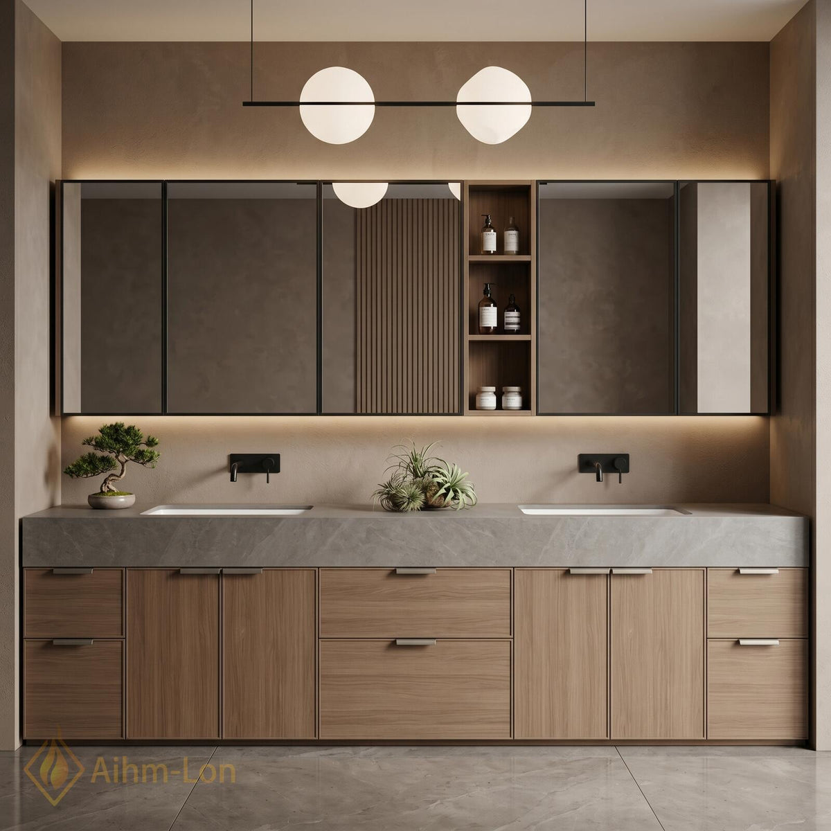 60''-96'' Double Bathroom Vanity with Sink Light Wood Finish Slatted Center Panel