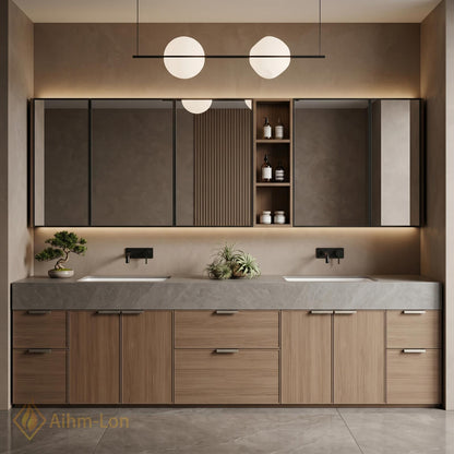 60''-96'' Double Bathroom Vanity with Sink Light Wood Finish Slatted Center Panel