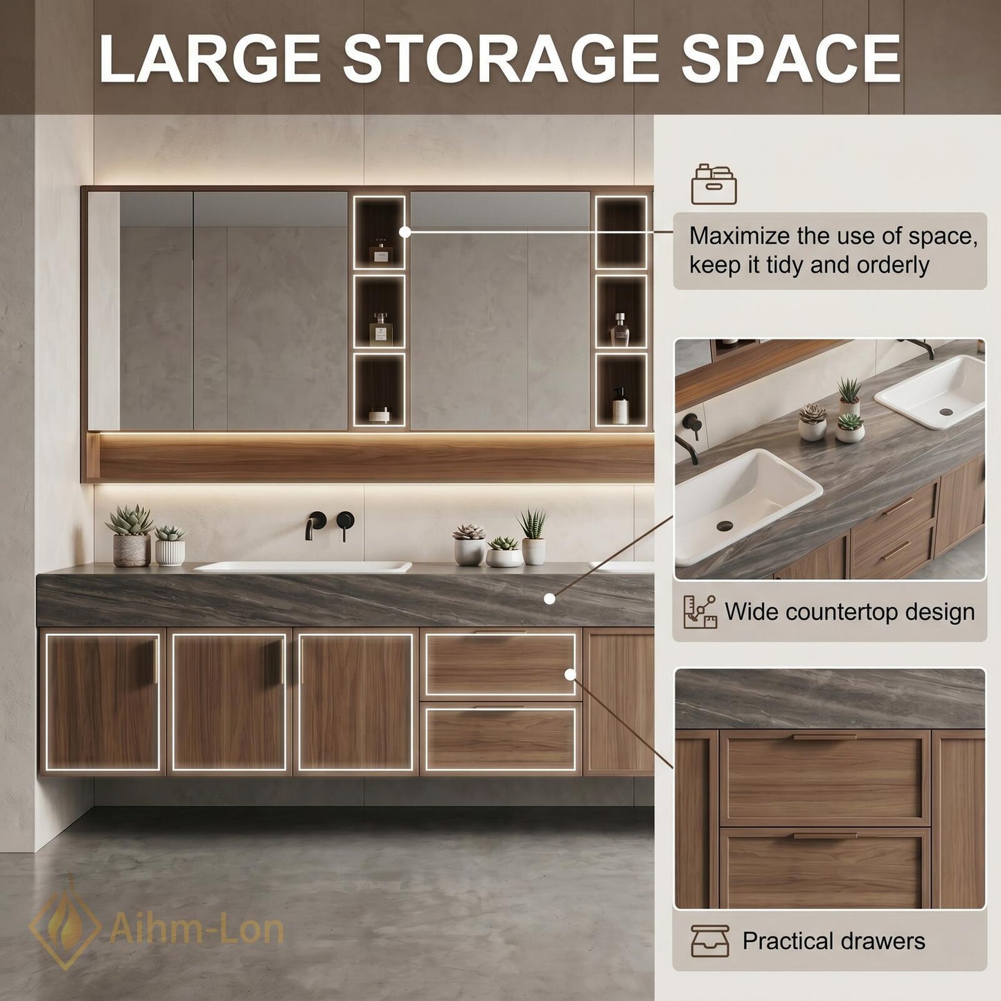 76''-96'' Modern Floating Bathroom Vanity with Sink Warm Wood Grain Wide Counter