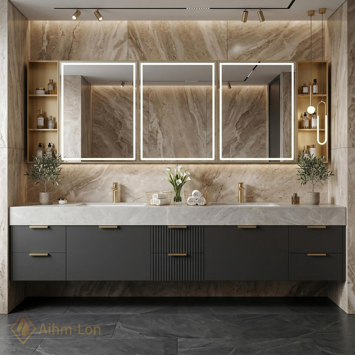 60''-96'' Double Bathroom Vanity with Sink Dark Stone Look Top Vertical Slats