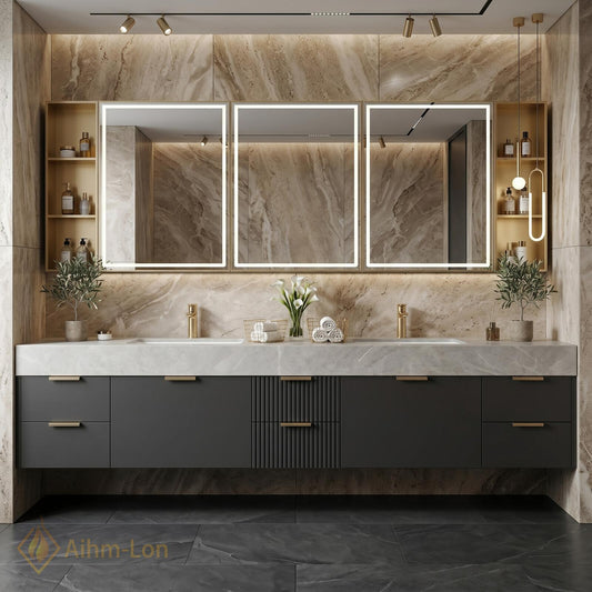 60''-96'' Double Bathroom Vanity with Sink Dark Stone Look Top Vertical Slats