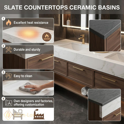 72''-96'' Double Bathroom Vanity with Sink Dark-Wood Modern Floating Drawers Storage
