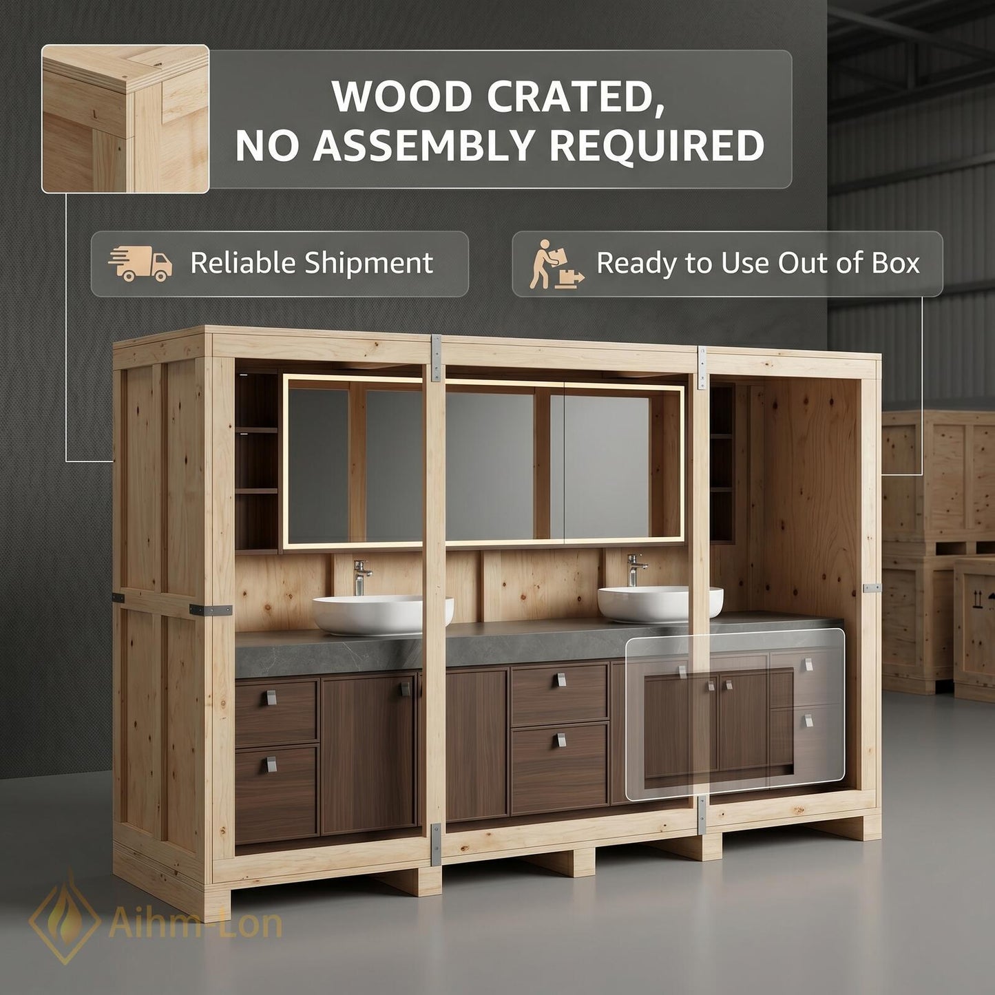 76''-96'' Modern Double Bathroom Vanity with Sink Dark Wood Stone Top Cabinet