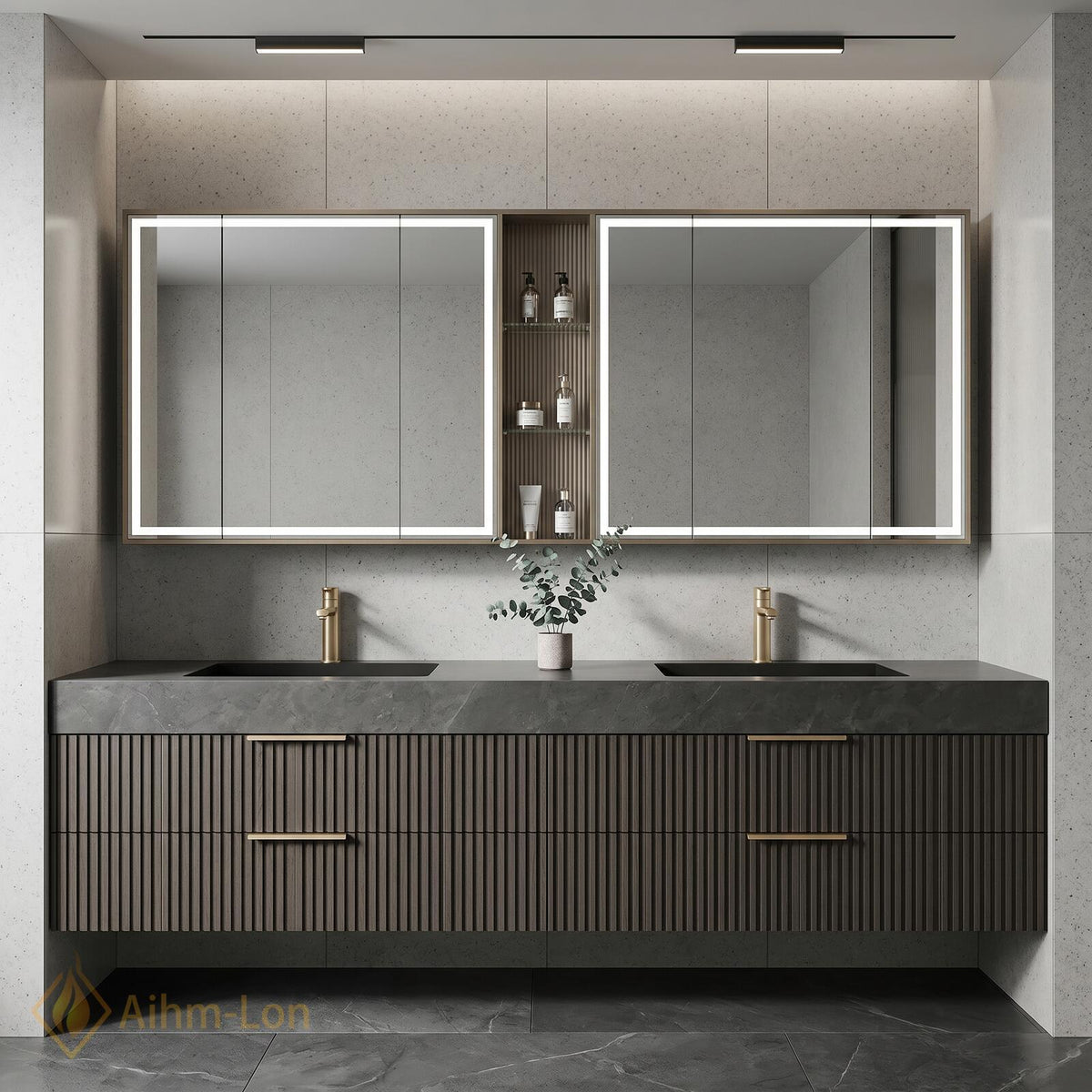 60''-96'' Bathroom Vanity with Sink Floating Double Grey Stone Top Slatted Front