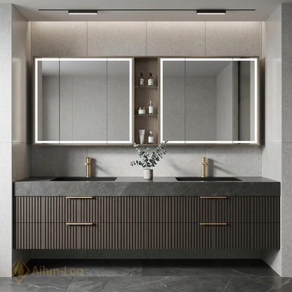 60''-96'' Bathroom Vanity with Sink Floating Double Grey Stone Top Slatted Front