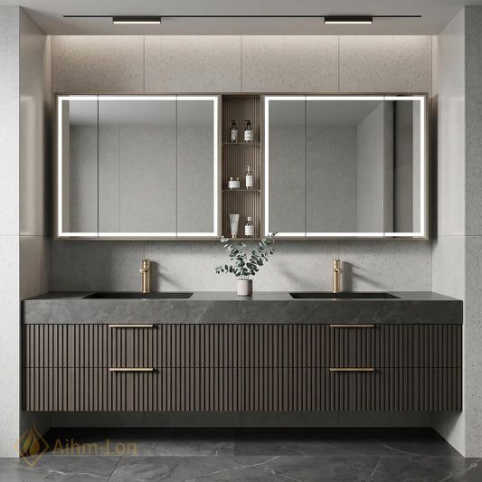 60''-96'' Bathroom Vanity with Sink Floating Double Grey Stone Top Slatted Front