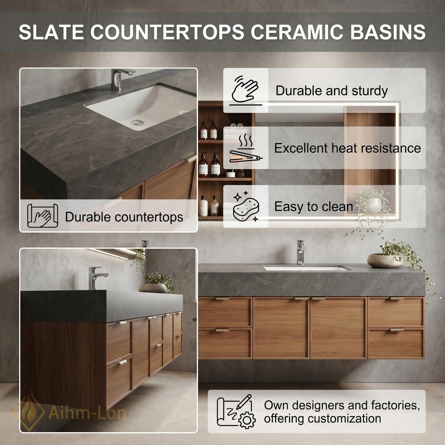 76''-96'' Modern Double Bathroom Vanity with Sink Floating Dark Stone Wood-Finish Cabinet