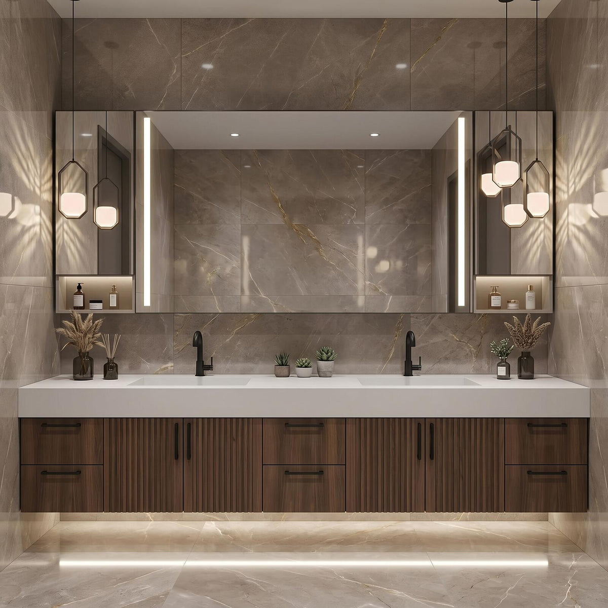 60''-96'' Double Bathroom Vanity with Sink Modern Floating Dark Walnut Slatted Panel