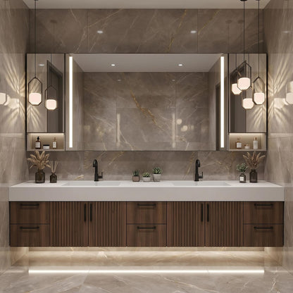 60''-96'' Double Bathroom Vanity with Sink Modern Floating Dark Walnut Slatted Panel