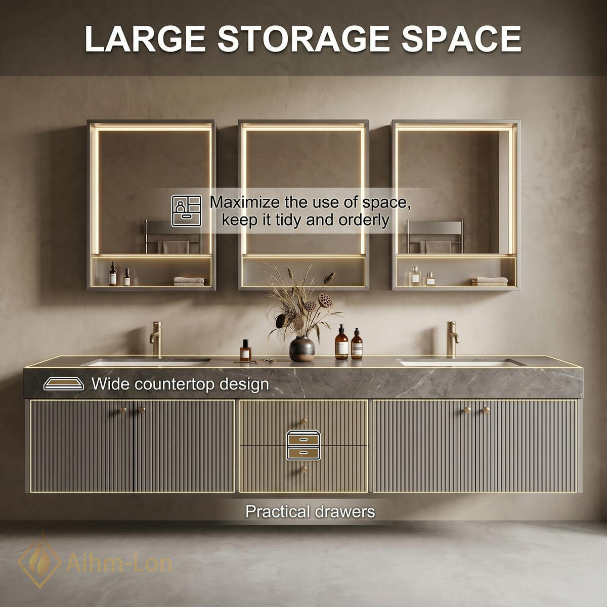 60''-96'' Double Bathroom Vanity with Sink Modern Grey Stone Top Ribbed Panels