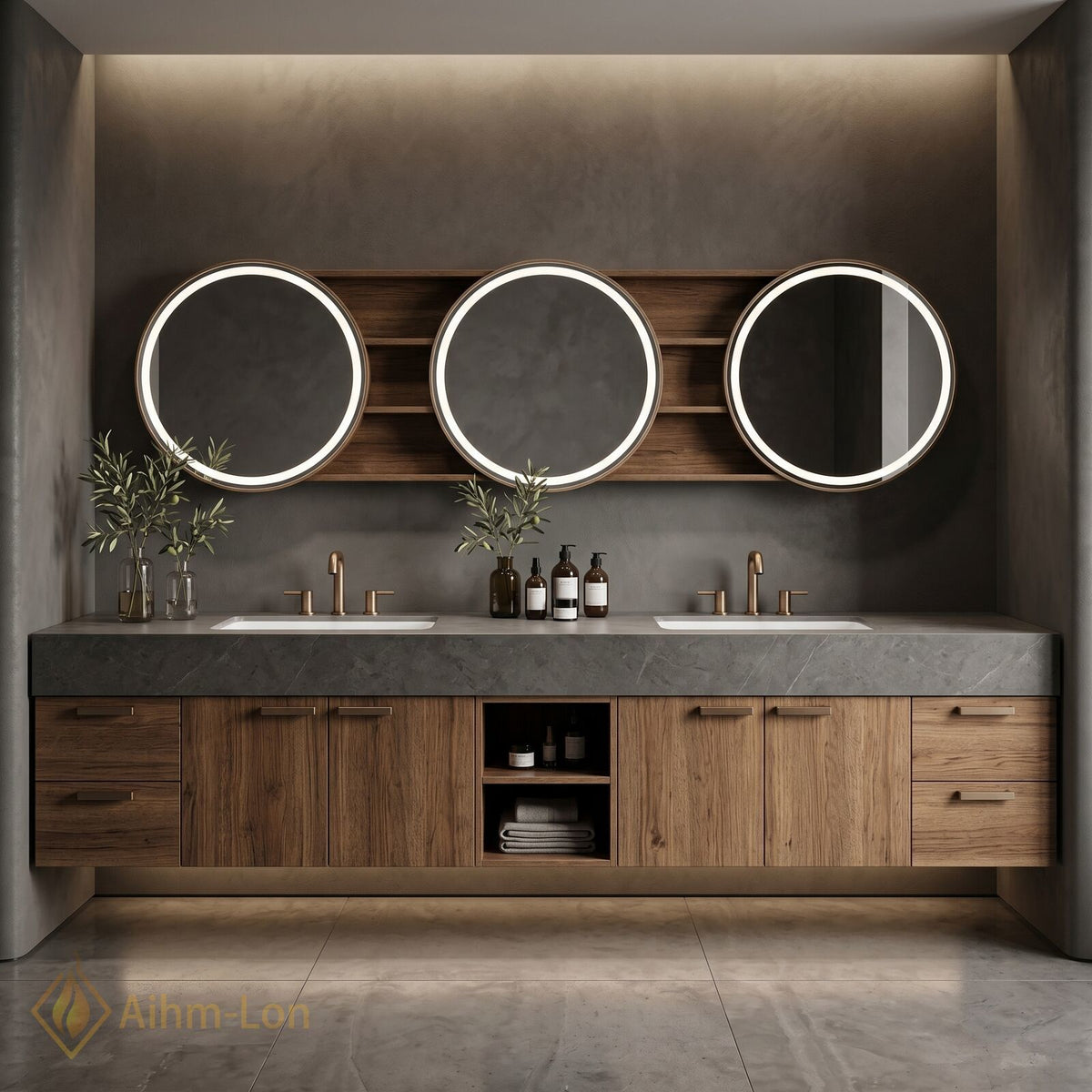 78''-96'' Double Bathroom Vanity with Sink Dark Walnut Open Shelving Slatted Panel