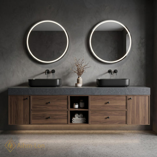 60''-96'' Double Bathroom Vanity with Sink Warm-Walnut Wood Modern Floating Grain