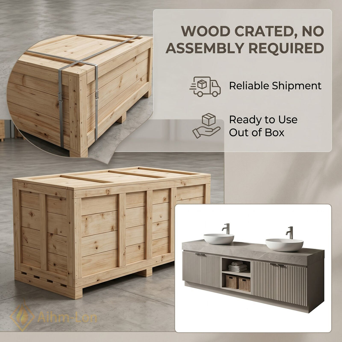 60''-96'' Double Bathroom Vanity with Sink Ribbed Doors Open Central Storage