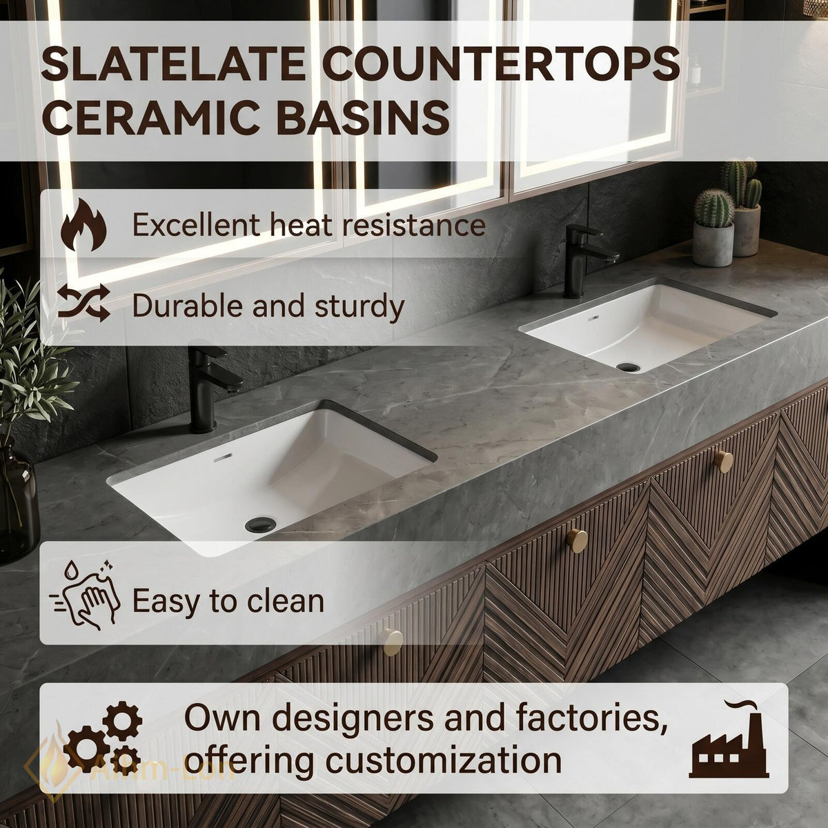 60''-96'' Double Bathroom Vanity with Sink Modern Floating Dark Walnut Finish Chevron