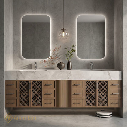76''-96'' Double Bathroom Vanity with Sink Lattice Grid Pattern Doors Sets Marble