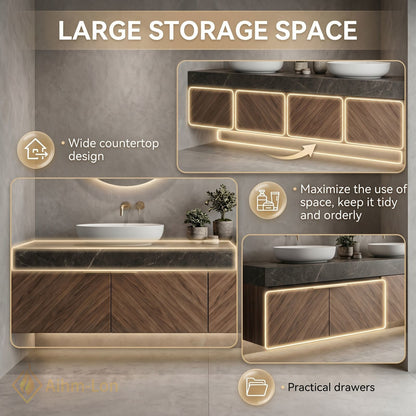 60''-96'' Double Bathroom Vanity with Sink Herringbone Wood Panels Dark Stone Countertop