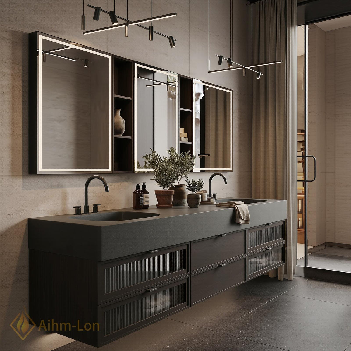 76''-96'' Double Bathroom Vanity with Sink Slatted Drawers Floating Double Open Shelving