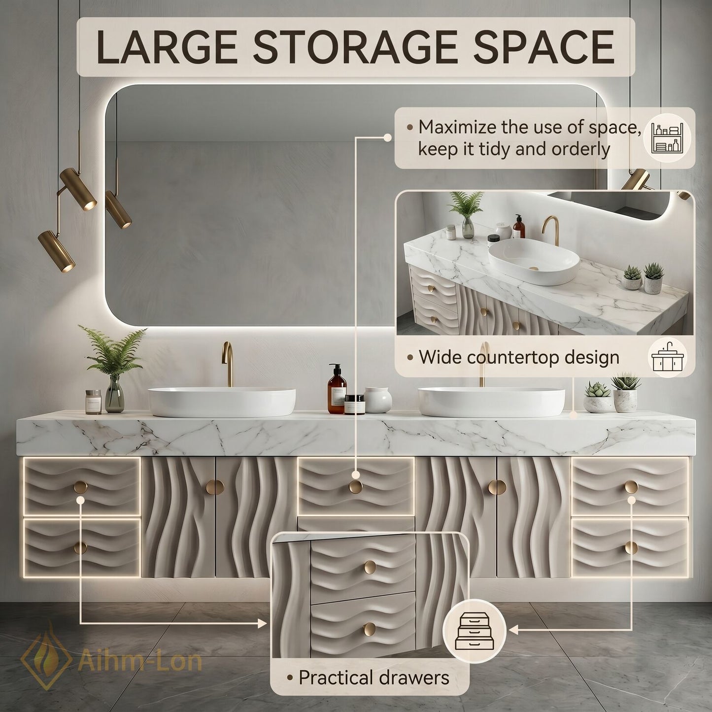 70''-96'' Double Bathroom Vanity with Sink Floating Wave Carve Marble Top Storage