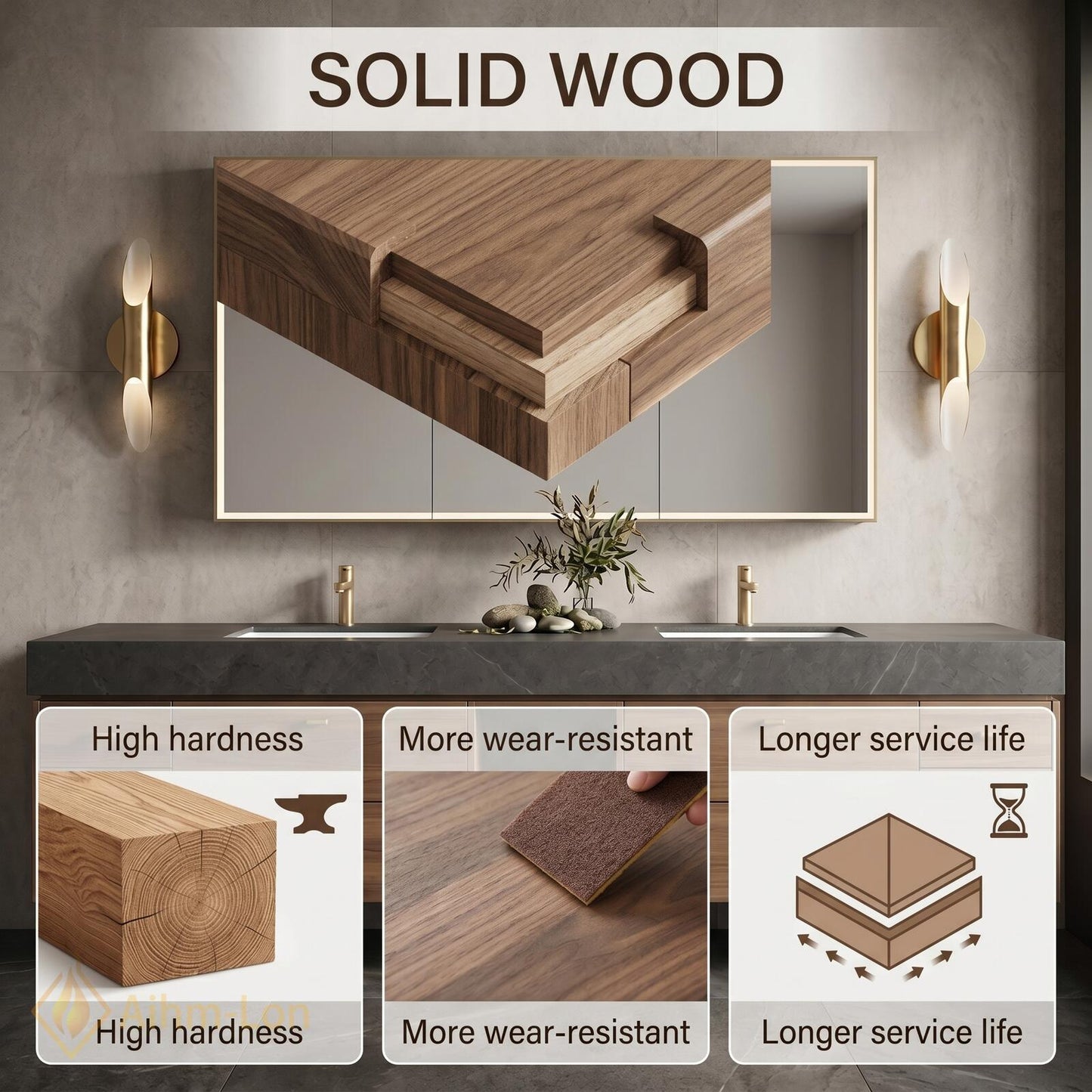 72''-96'' Double Bathroom Vanity with Sink Dark Floating Stone-Top Wooden Drawers