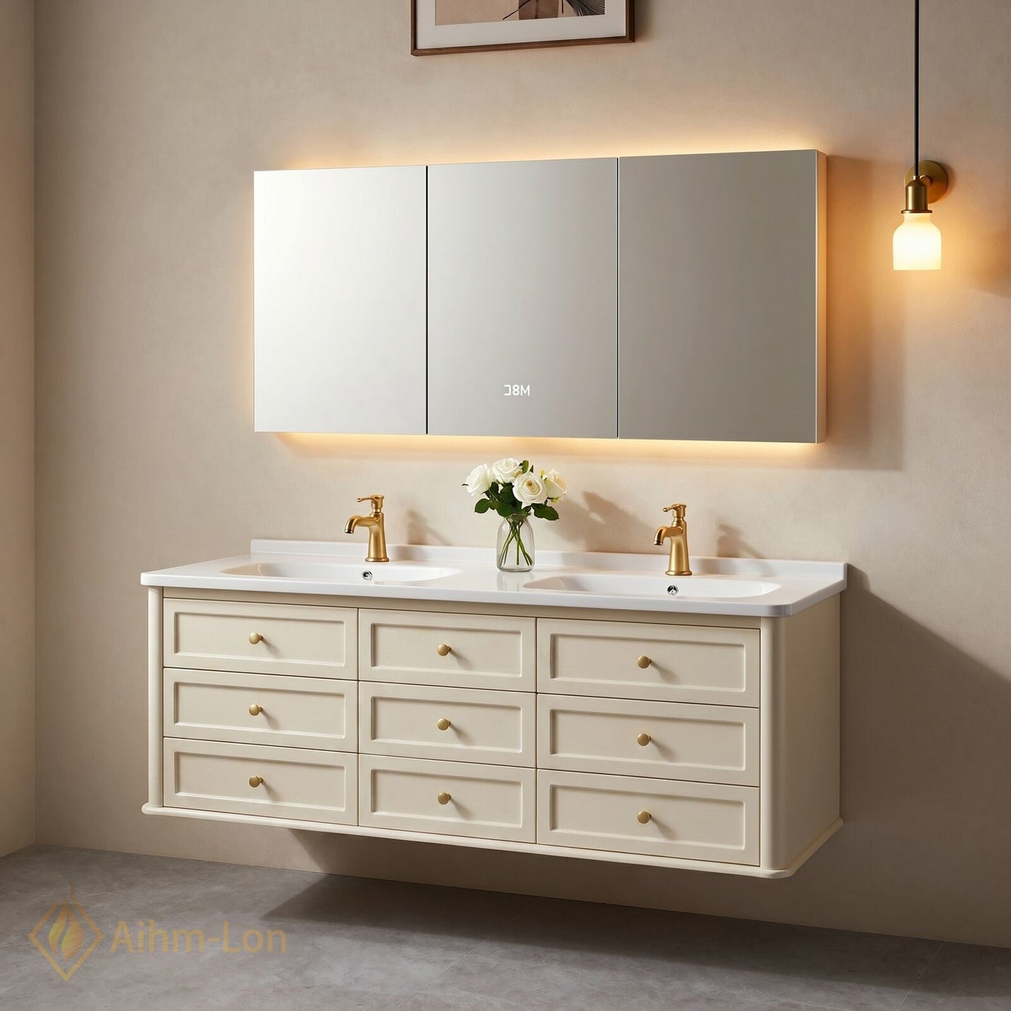 60''-96'' Sleek Bathroom Vanity with Sink Floating Warm Cream Spacious Storage Cabinet